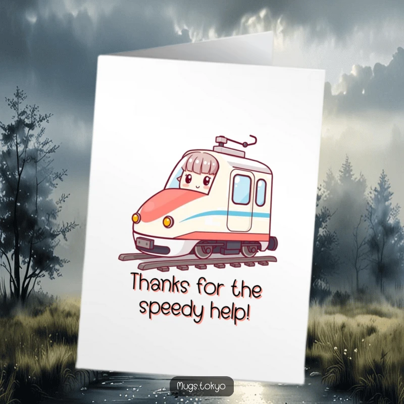 Funny Free Printable Thank You Card: Character happily riding a miniature bullet train to deliver thanks with speed and charm.