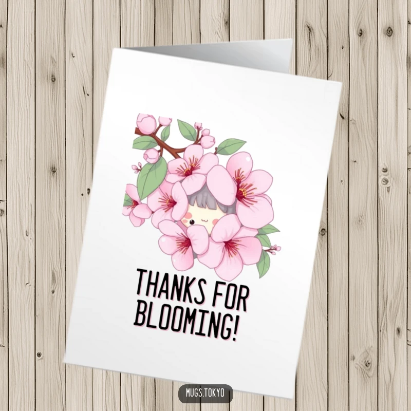 Funny Free Printable Thank You Card: Adorable character peeking from behind a huge cherry blossom, conveying thanks.