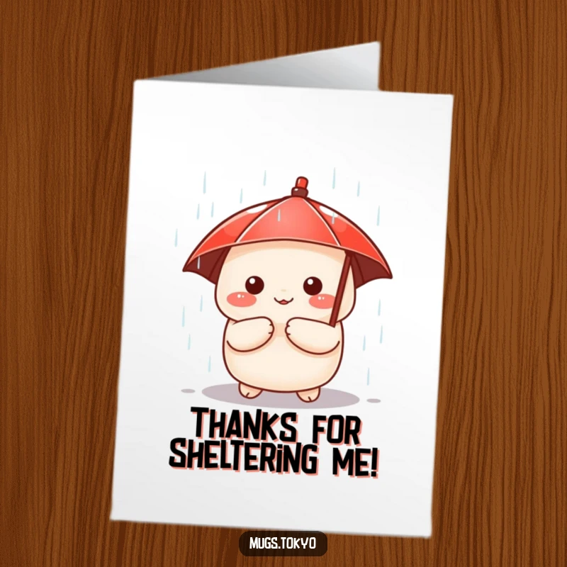Funny Free Printable Thank You Card: A cute dumpling with a tiny red umbrella peeks out from a rainy downpour.