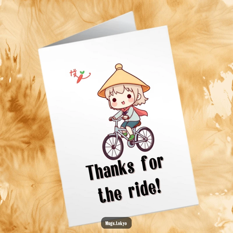 Funny Free Printable Thank You Card: Sweet character in a Japanese hat, riding a bike to deliver heartfelt thanks.