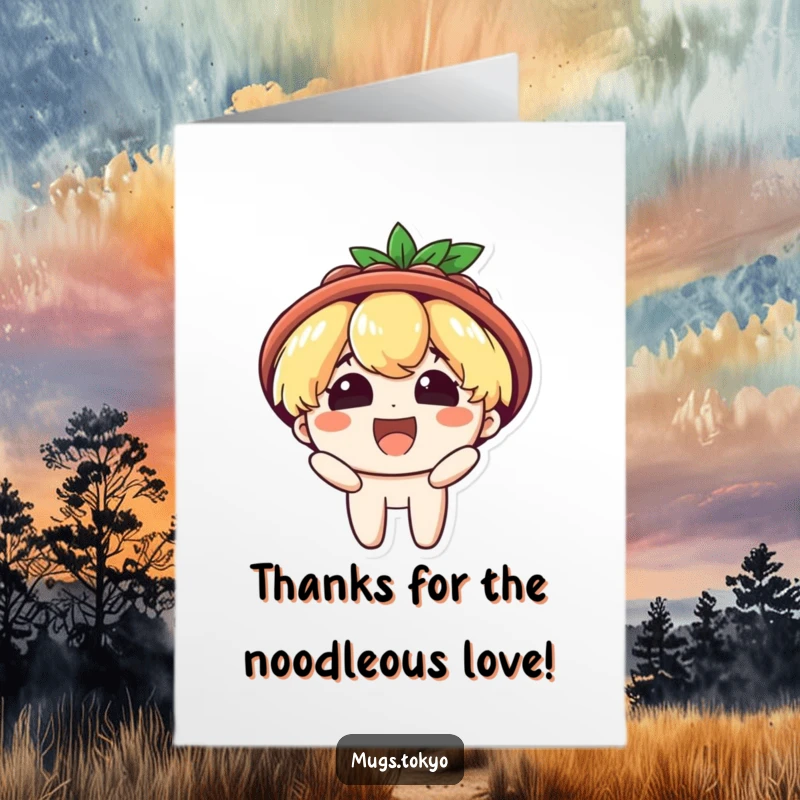 Funny Free Printable Thank You Card: Character with Ramen Bowl Hat Smiling Happily