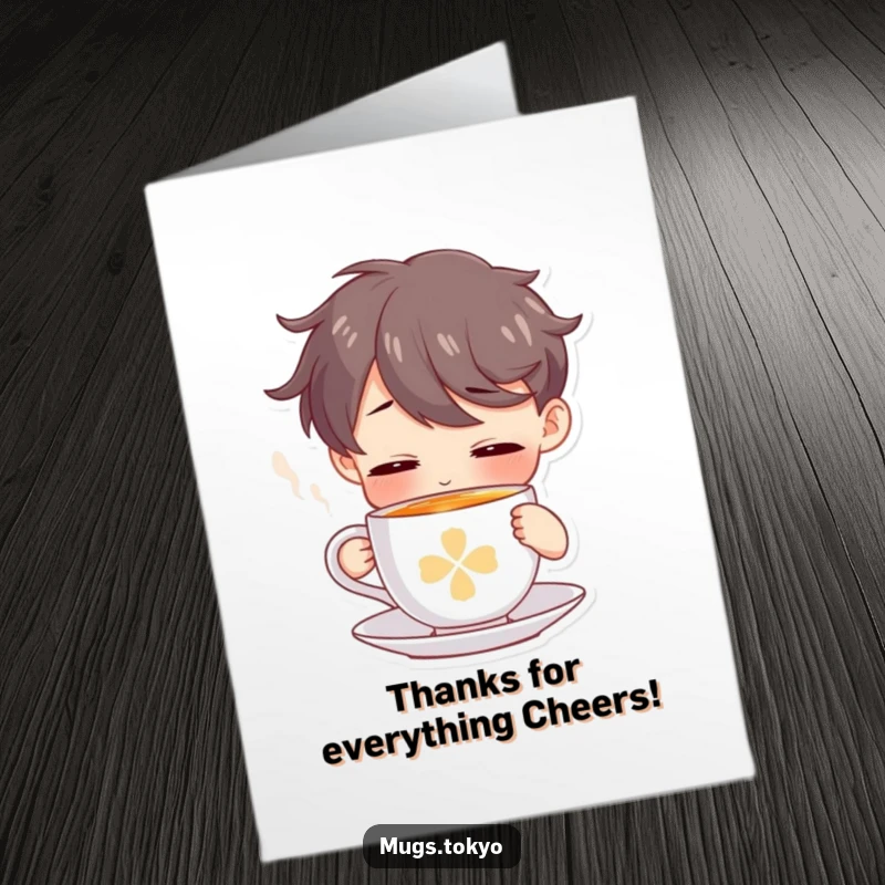 Funny Free Printable Thank You Card: Character enjoying a tiny, steaming tea cup, sharing warm thanks and a gentle smile.