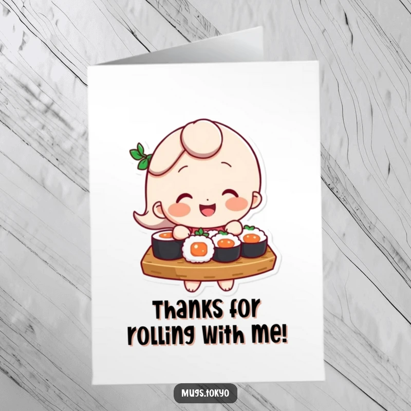 Funny Free Printable Thank You card featuring a character who masterfully balances a tray of sushi, expressing heartfelt gratitude.