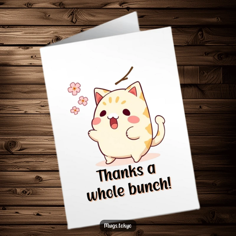 Funny Free Printable Thank You Card: A taiyaki character looks shocked as a cherry blossom falls, narrowly missing its tail.