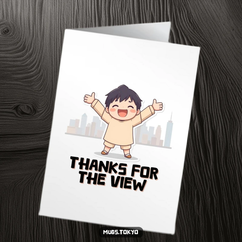 Funny Free Printable Thank You Card: Joyful character embracing the city skyline, expressing gratitude and admiration.