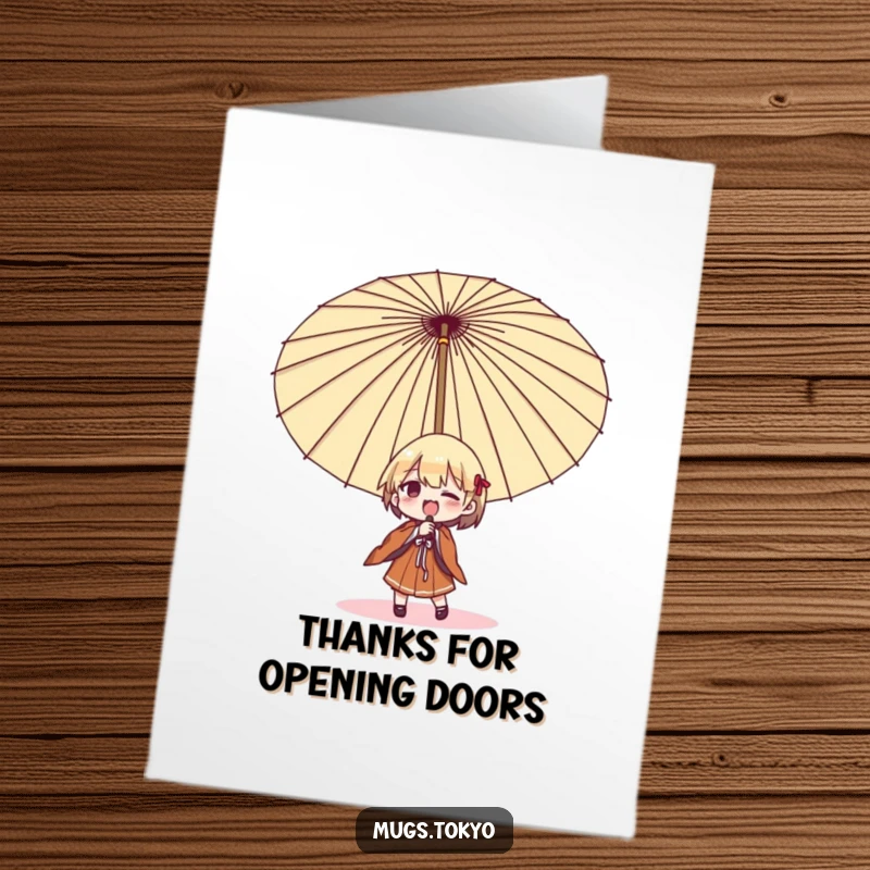 Funny Free Printable Thank You Card: Character humorously struggling with a massive Japanese umbrella, a funny way to say thanks.