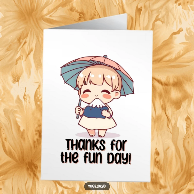 Funny Free Printable Thank You Card: Character joyfully giggling while holding a small Mount Fuji umbrella, expressing gratitude.