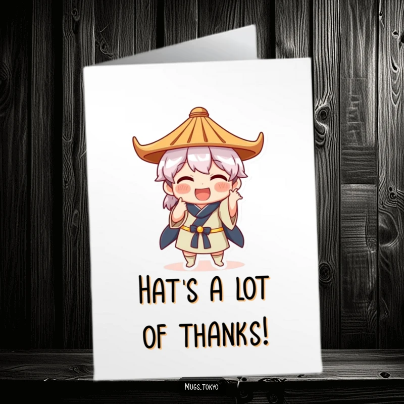 Funny Free Printable Thank You Card: Character in a traditional Japanese hat striking a funny pose to say thanks.