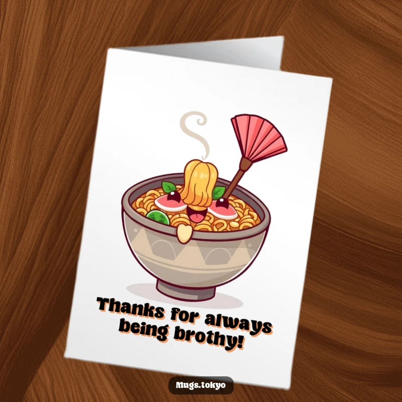 Funny free printable thank you card with a happy ramen bowl character fanning itself, sending warm gratitude.