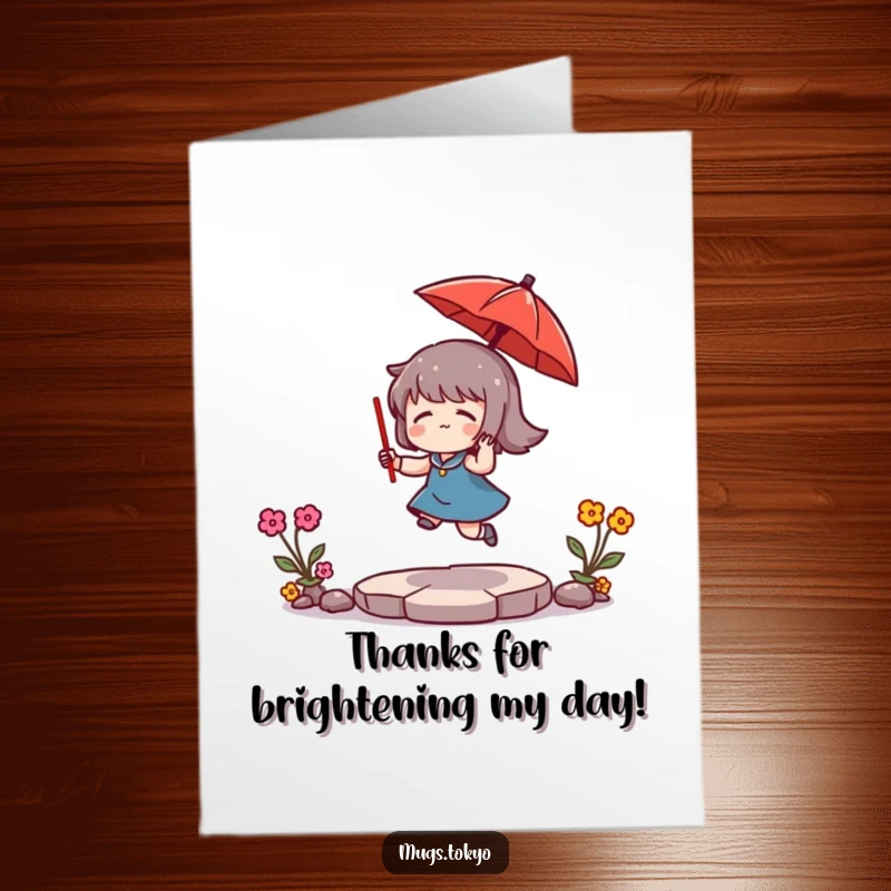 Funny Free Printable Thank You card featuring a character happily bouncing a tiny red umbrella, conveying warm appreciation.