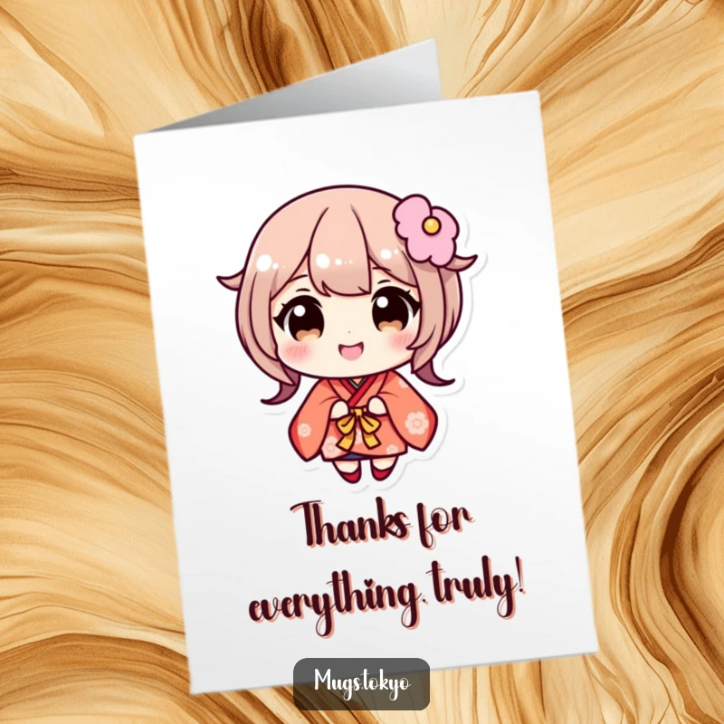 Funny Free Printable Thank You Card: Adorable Kimono Woman with Huge Eyes, Grateful Smile