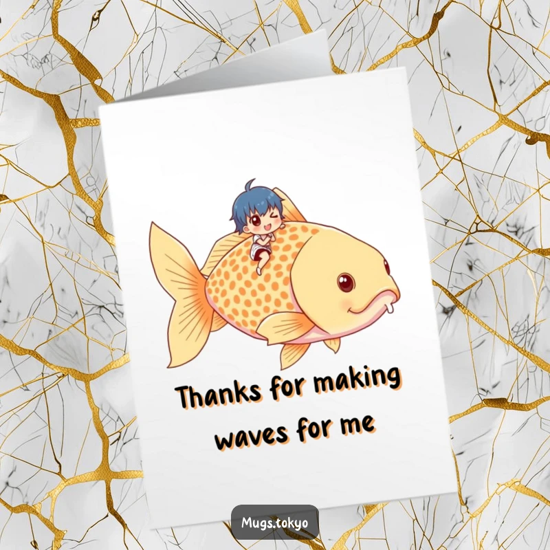 Funny Free Printable Thank You Card: A small adventurer surfs a massive goldfish, a unique way to express thanks.