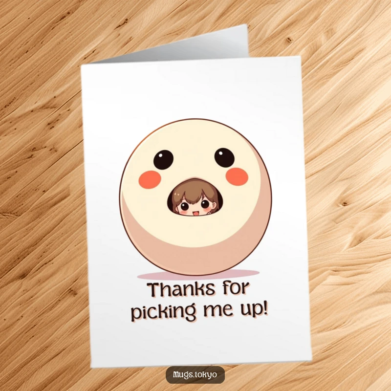 Funny Free Printable Thank You Card: Character peeking curiously from behind a large Daruma doll, conveying thanks in a whimsical manner.