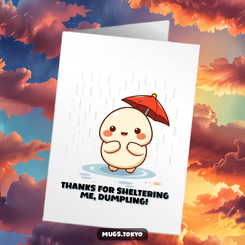 Funny free printable thank you card with a cute dumpling and red umbrella, offering warm, dry gratitude.