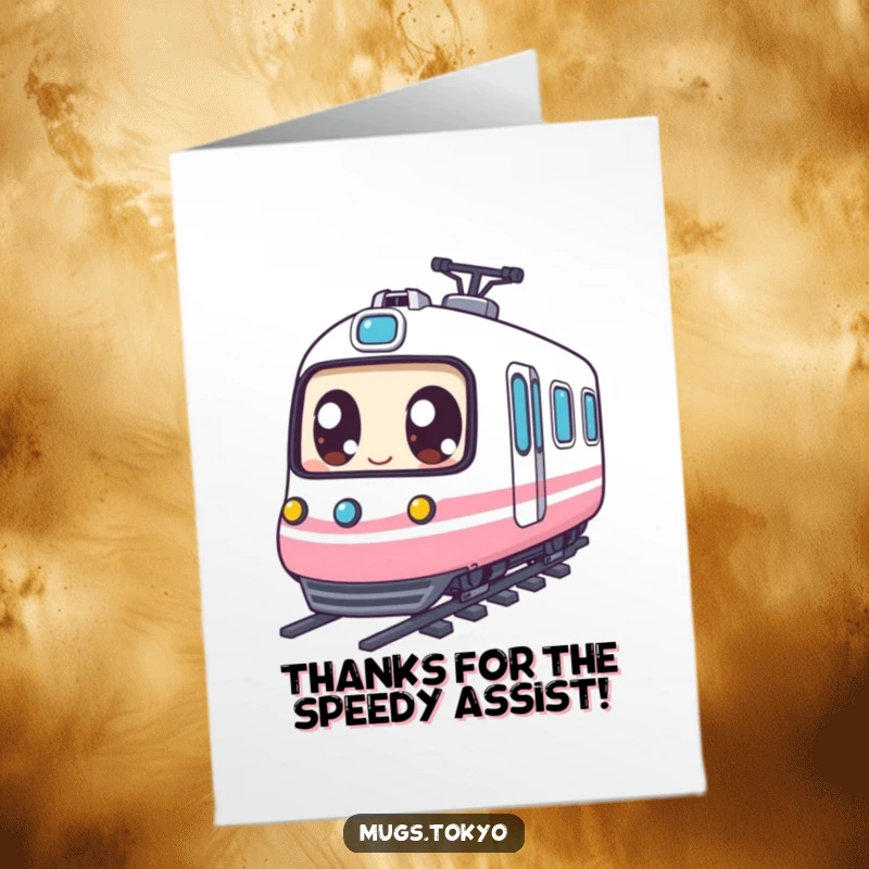 Funny Free Printable Thank You Card with a character's large eyes riding a bullet train, conveying cheerful thanks.