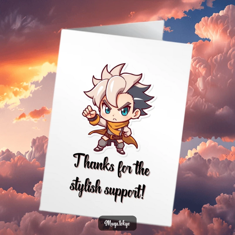Funny Free Printable Thank You Card: Determined Character with Stylish Hair in a Dynamic Pose