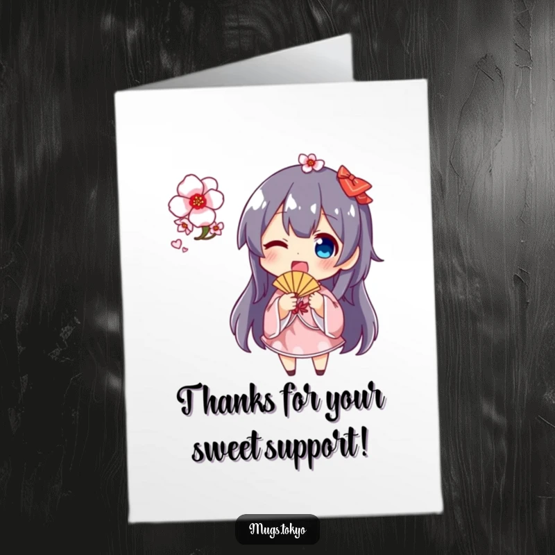 Funny Free Printable thank you card with a character waving a small fan and cherry blossoms, showing enthusiastic appreciation with a smile.