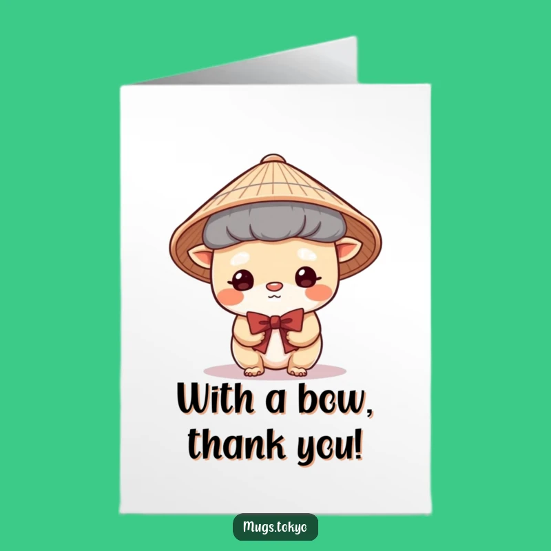 Free Printable Thank You Card Cute Japanese Hat Creature Shy Bow Downloadable