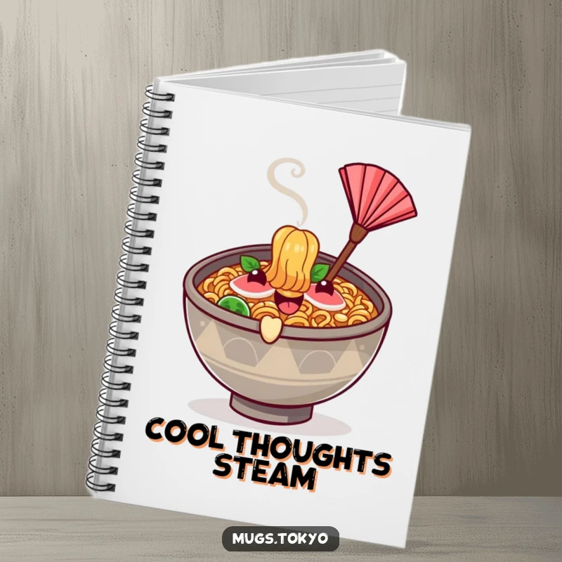Funny happy ramen bowl character with steam, fanning itself, on a notebook cover.