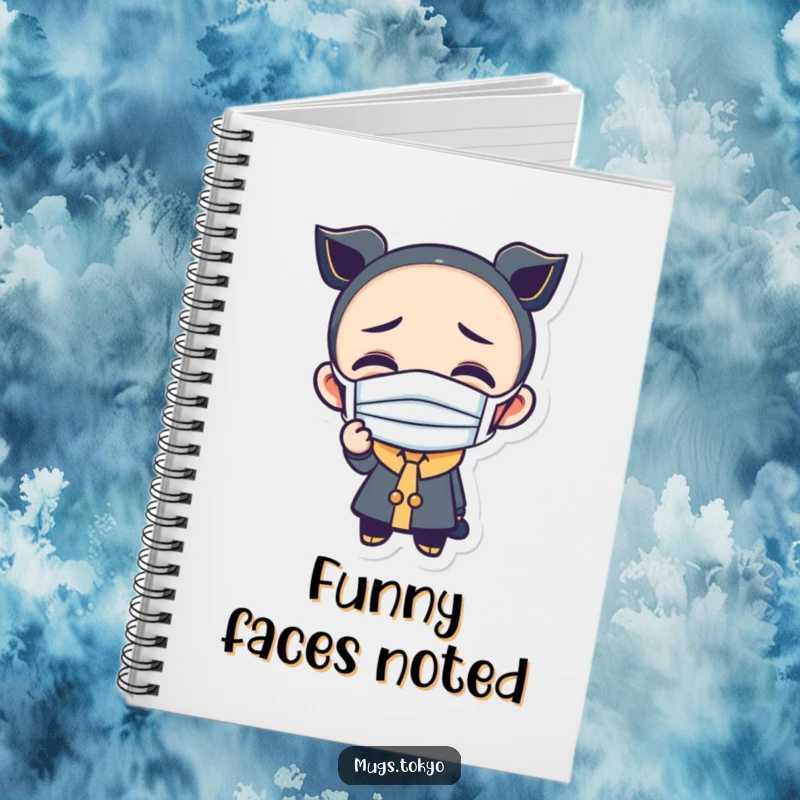 Funny notebook cover with a character wearing a tiny mask and making a funny face, encouraging creative note-taking.