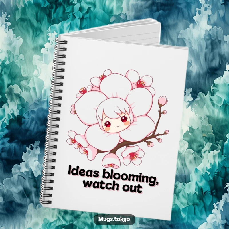 Funny notebook with a playful character peeking from behind a stylized cherry blossom, perfect for jotting down ideas with whimsical humor.