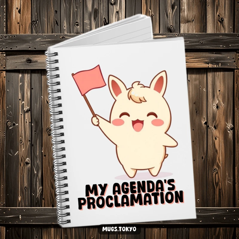 Funny notebook with an excited character waving a small paper flag with a charming design, perfect for jotting down ideas with cheerful energy.