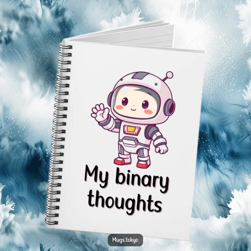 Funny notebook cover featuring a cute character in a small robot costume waving.