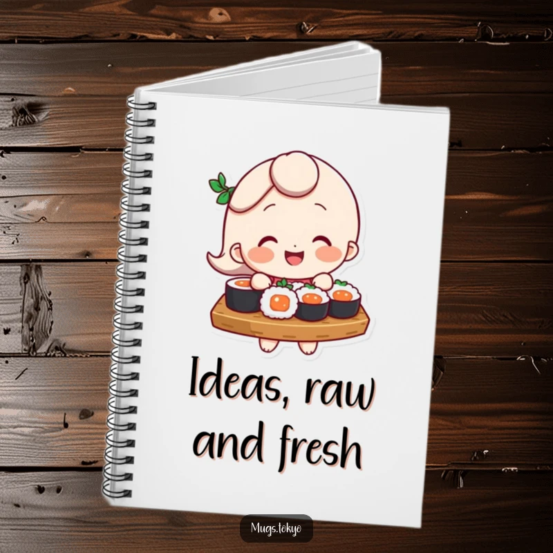 Funny Notebook: A smiling character balances a tray of sushi, perfect for jotting down notes with a side of humor.