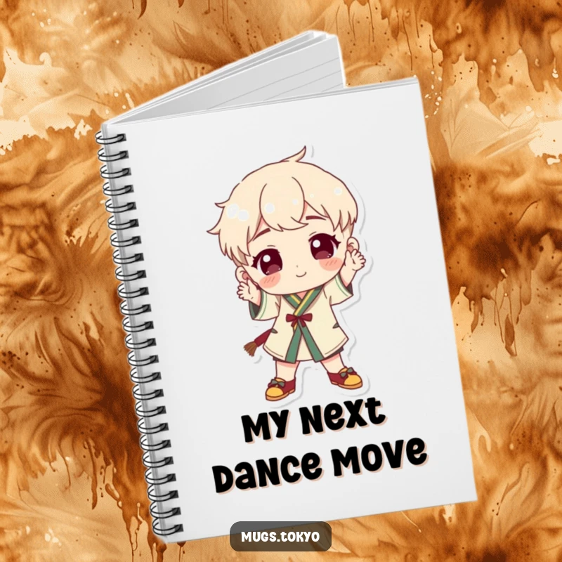 Funny character in traditional footwear striking a playful pose on a notebook cover, encouraging creative and humorous note-taking.