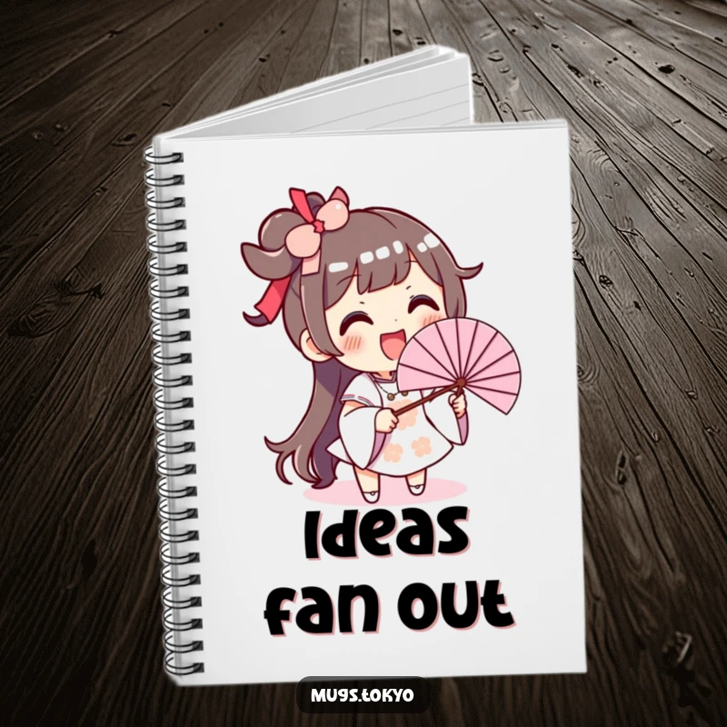 Funny notebook cover with an excited character smiling widely while waving an oversized fan, inspiring creativity.