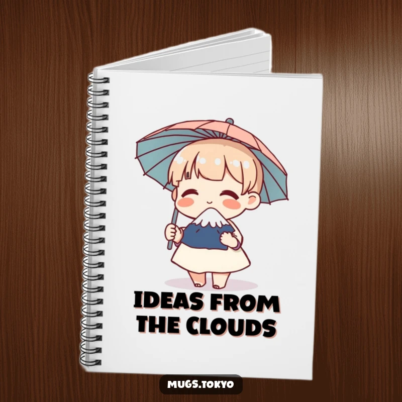 Funny notebook with a character holding a miniature Mount Fuji umbrella, giggling, perfect for notes and doodles.