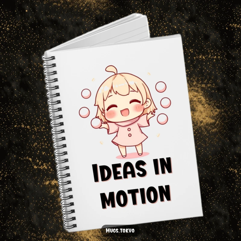 Funny notebook cover with a character enthusiastically juggling mochi balls, perfect for capturing ideas with a smile.