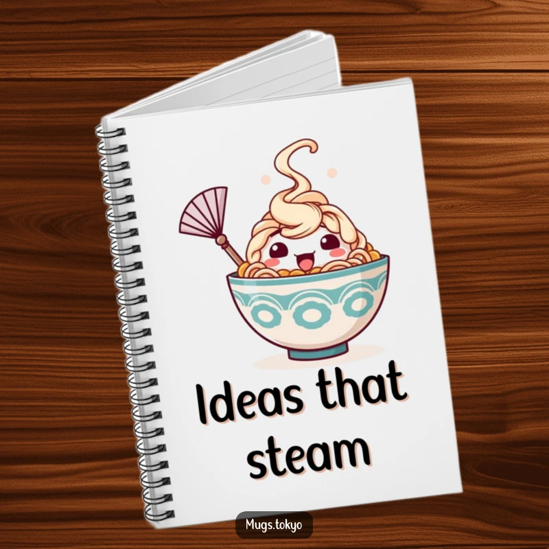 Funny notebook featuring a happy ramen bowl character, steam rising, waving a tiny fan, perfect for jotting down notes with humor.