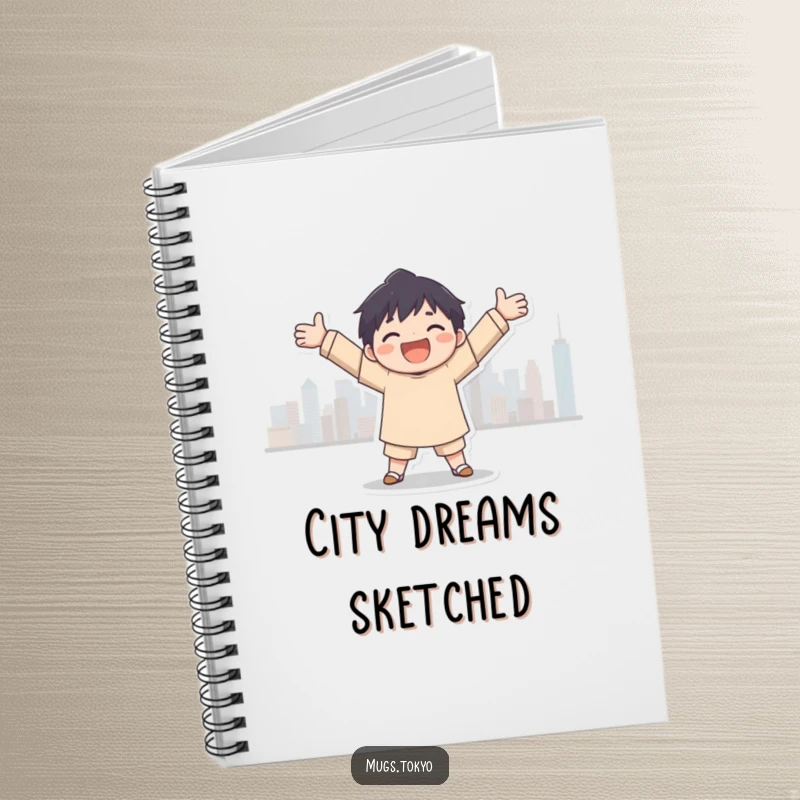 Funny city embrace notebook, a character joyfully embracing a city skyline silhouette, for capturing ideas and urban inspiration.