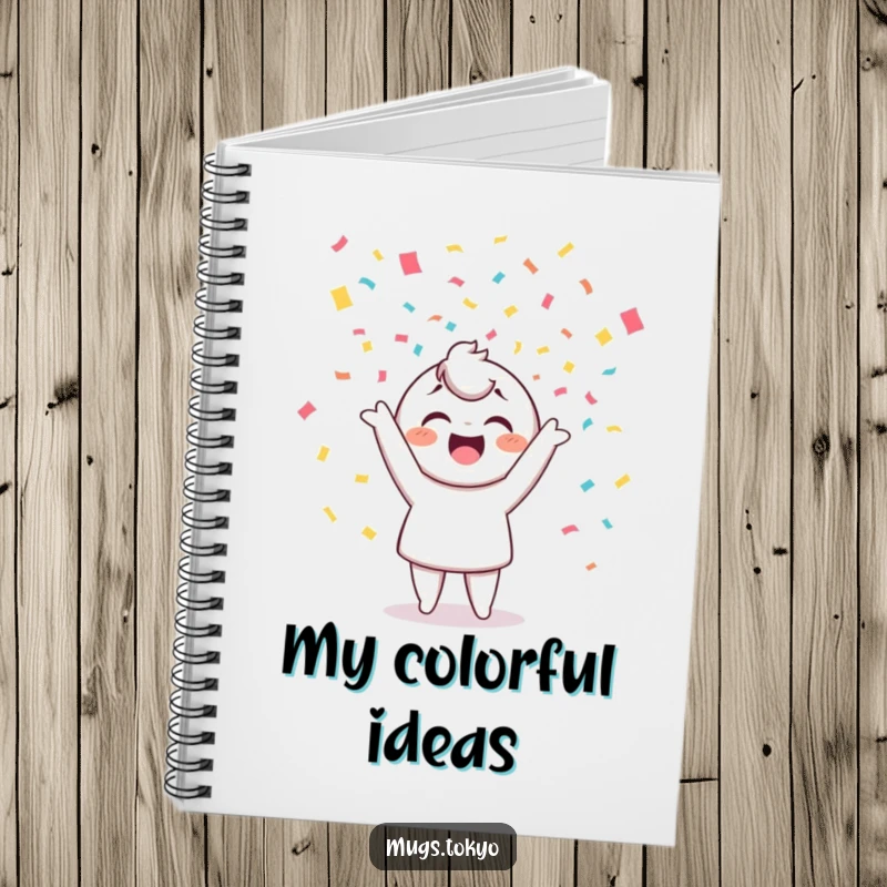 Funny notebook featuring a cheerful character tossing colorful confetti, perfect for capturing notes with a festive flair.
