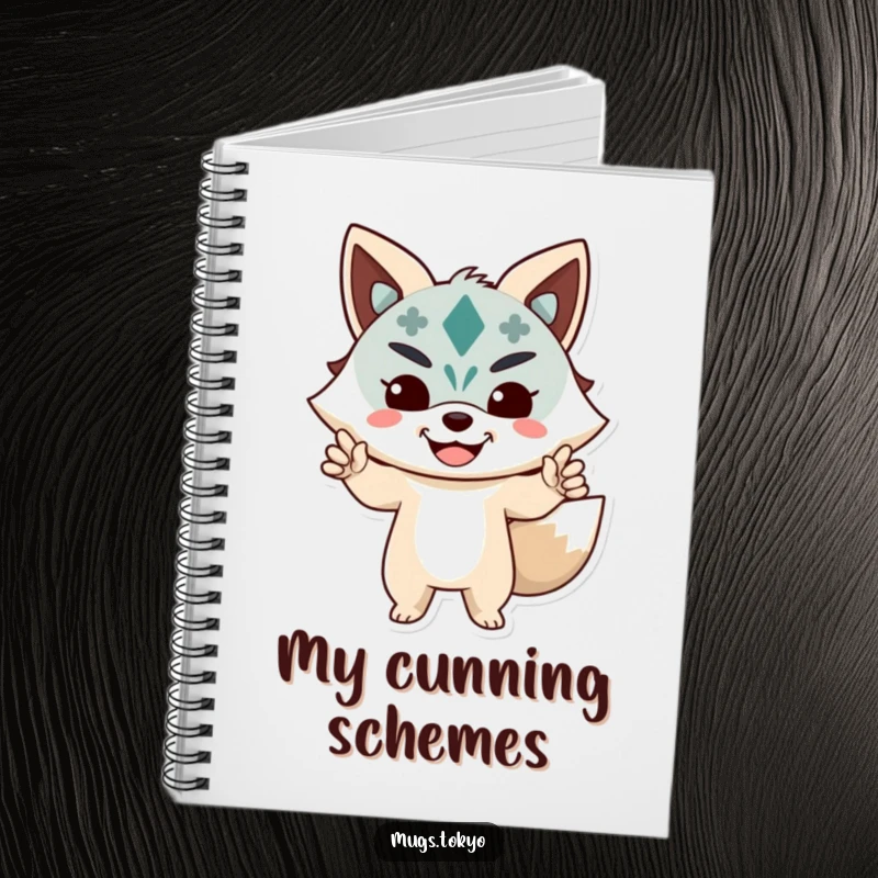 Funny Notebook featuring a character striking a playful pose in a happy Kitsune mask, for creative notes.