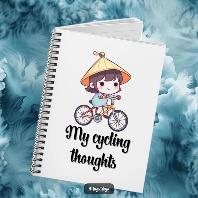 Funny notebook featuring a cute character in a Japanese hat, happily riding a bicycle, perfect for capturing notes with travel charm.