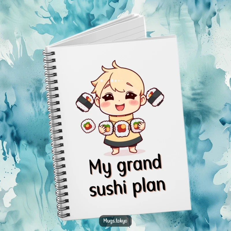 Funny Notebook featuring a joyful character juggling three delectable sushi rolls, perfect for jotting down funny ideas.
