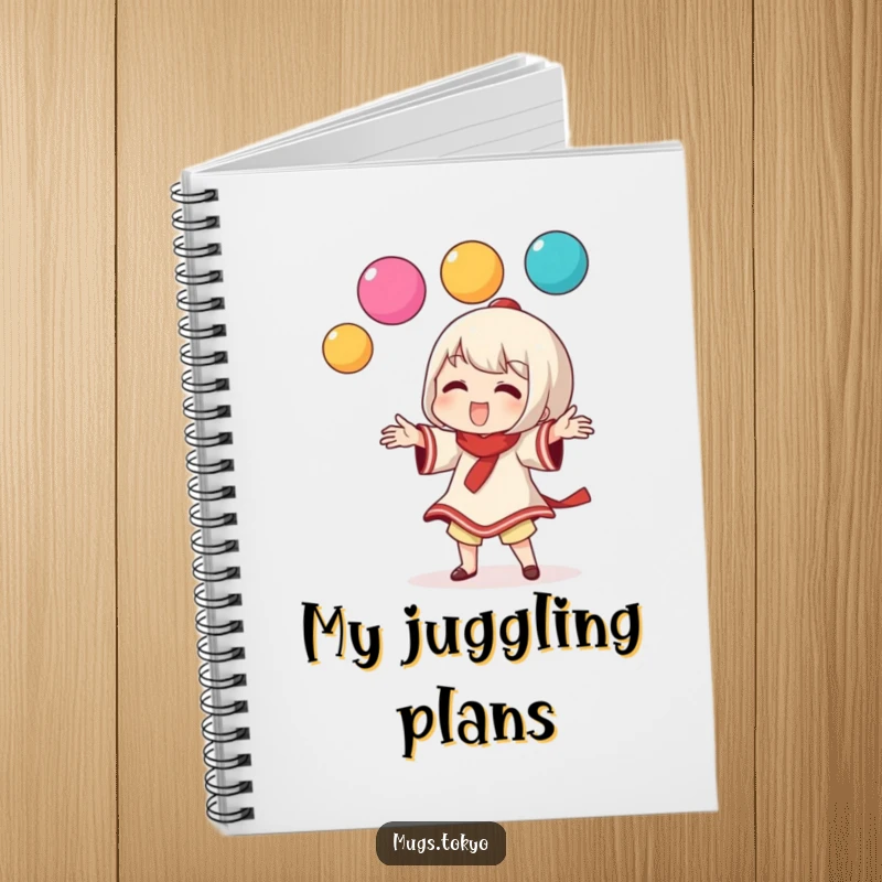 Funny notebook cover with a character playfully juggling three colorful dango balls, encouraging creative note-taking.