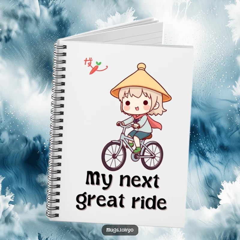 Funny notebook with a cute character in a Japanese hat, happily riding a bicycle, ideal for capturing thoughts and doodles.
