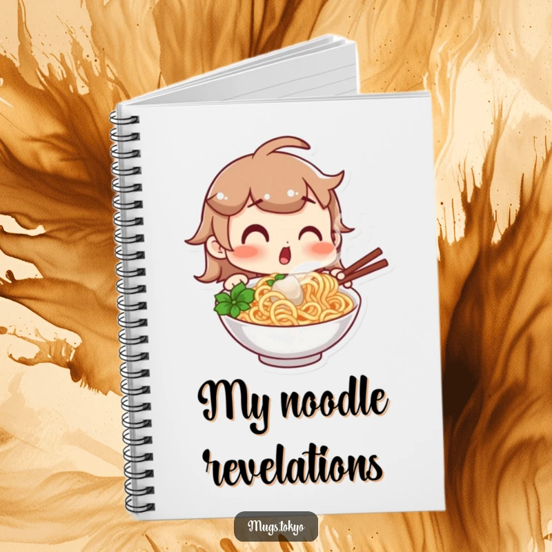 Funny notebook with a character showing a surprised expression looking at a steaming bowl of noodles, designed for capturing food ideas and notes with a humorous flair.