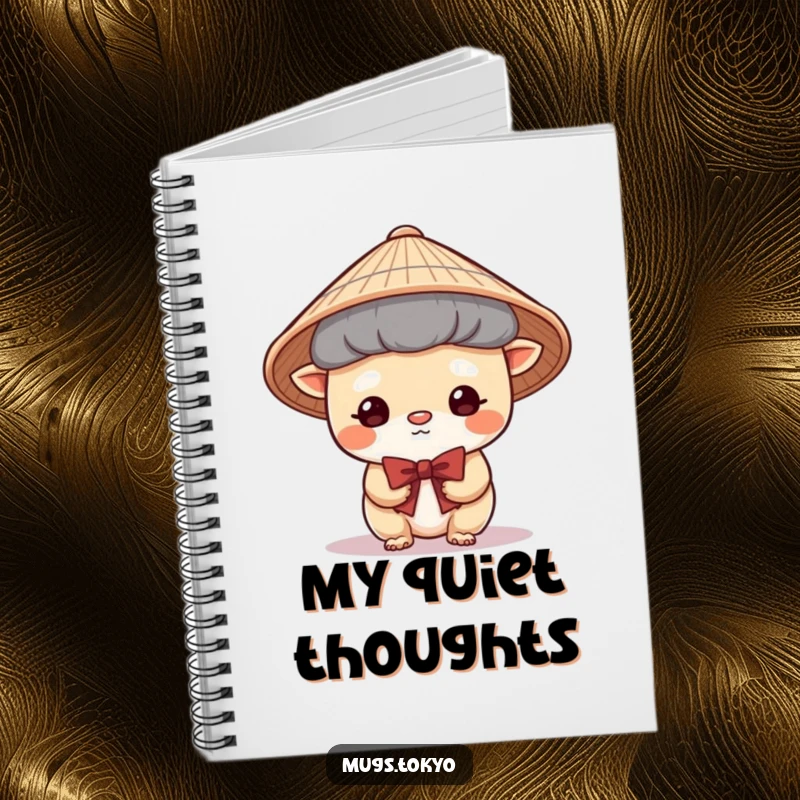 Funny Notebook cover with a cute creature in a Japanese hat bowing shyly, ideal for notes, journaling, or gentle doodling.