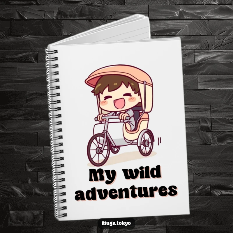 Funny Notebook cover with a giggling character pedaling a tiny rickshaw downhill, ideal for notes, journaling, or brainstorming at top speed.