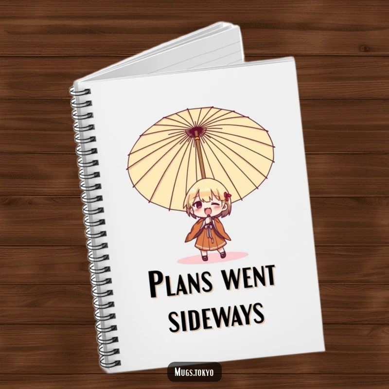 Funny umbrella struggle notebook, featuring a character comically fighting a large Japanese umbrella, for noting down thoughts and ideas.