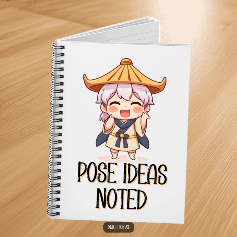 Funny notebook cover design of a character in a Japanese hat striking a comical pose, inspiring creativity and humor.
