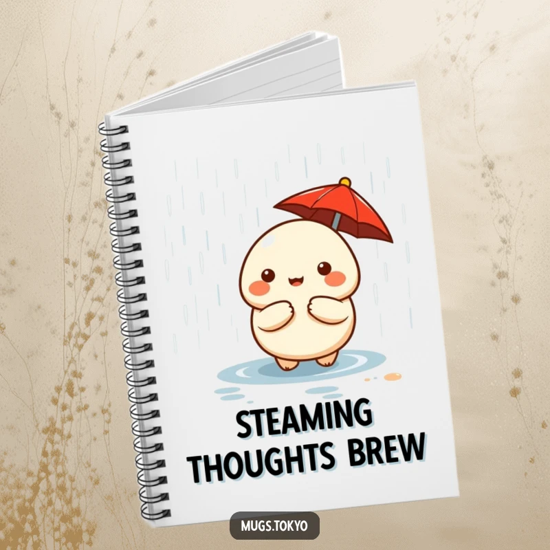 Funny cute dumpling character with a tiny red umbrella on a notebook cover, for writing.