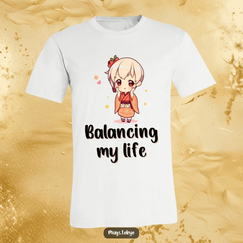 Funny cute character in a kimono, precariously balancing sushi, a stylish and humorous t-shirt graphic.