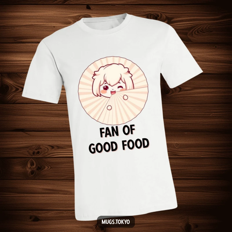 Funny bento box t-shirt featuring a smiling character excitedly peeking from behind a large paper fan, showcasing food fun.