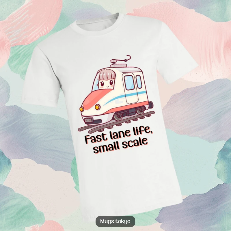 Funny t-shirt with an animated character expertly riding a miniature bullet train, depicting speed and silliness.