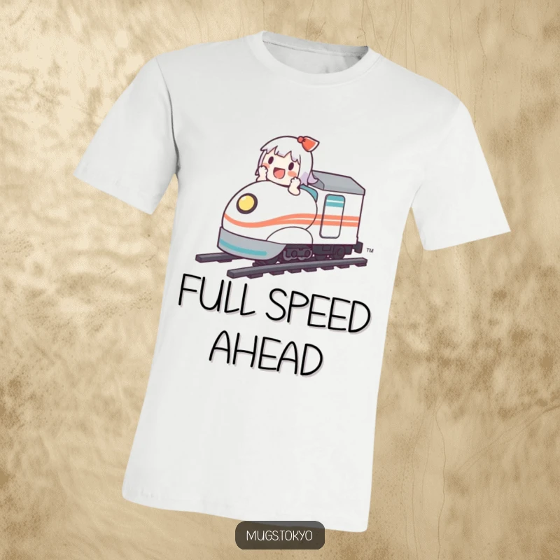 Funny t-shirt design of a cute character having a blast riding a miniature bullet train at full speed.